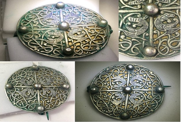 Collage of four images, each showing the circular brooch with beasts heads partway through conservation. It is now much shinier than before, with the gold-coloured metal shining through.